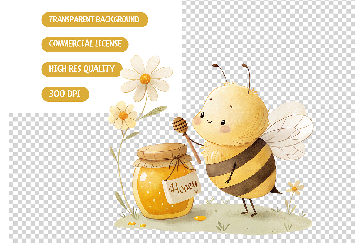 Cute Little Bees Watercolor Clipart, an Illustration by TatiMockup (Photo 5 of 5)