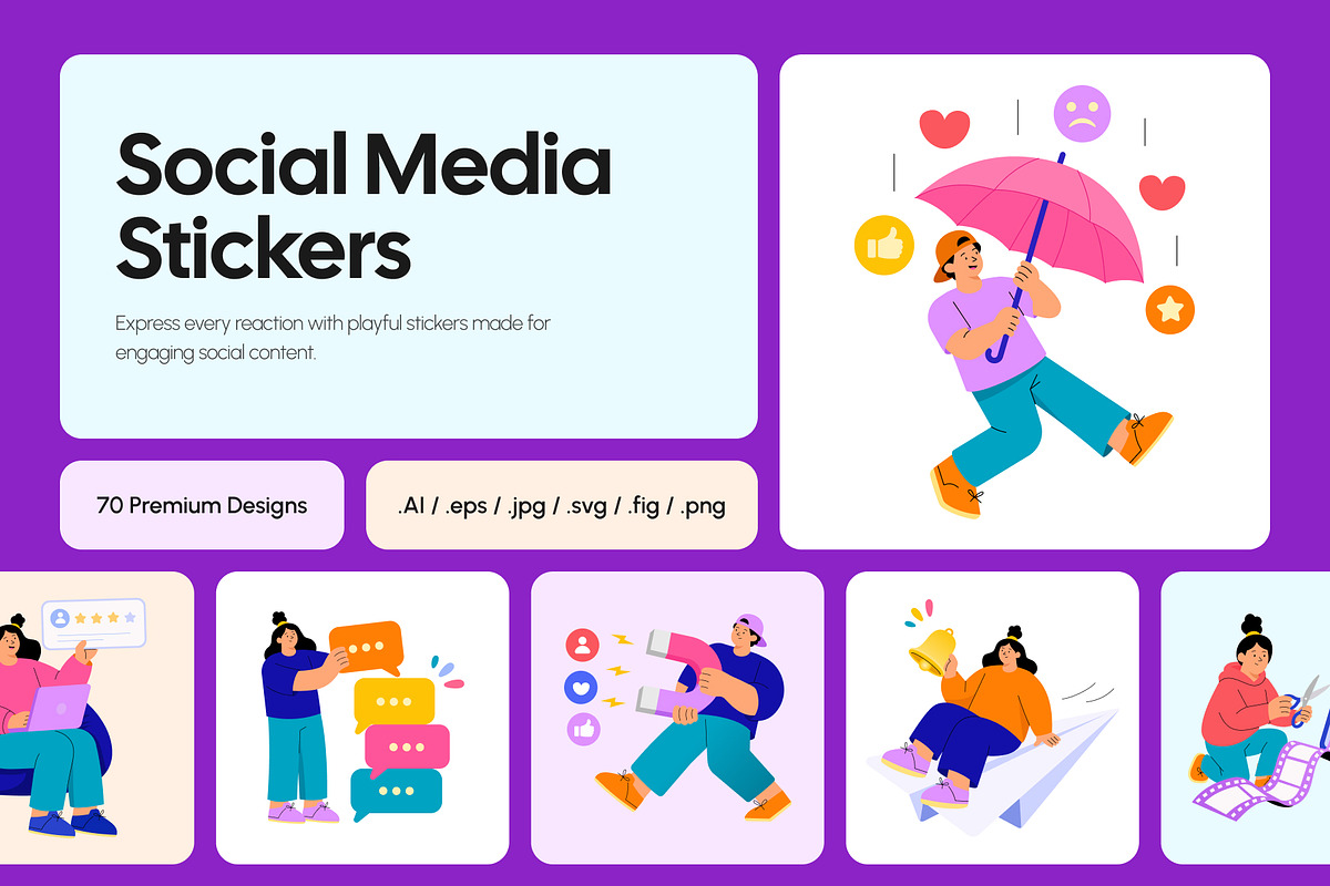 70 Social Media Flat Stickers, a Person Illustration by Creative Stall (Photo 1 of 11)