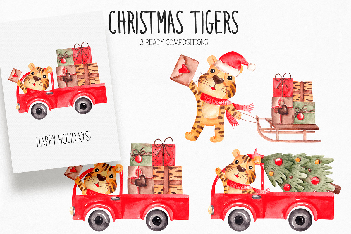 Watercolor Christmas Tiger Clipart, an Illustration by YuliyaArtGarden (Photo 5 of 10)