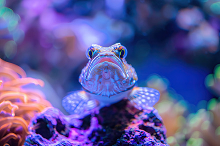 Jawfish in aquarium with blue water and corals, an Animal Photo by AlyaAnd