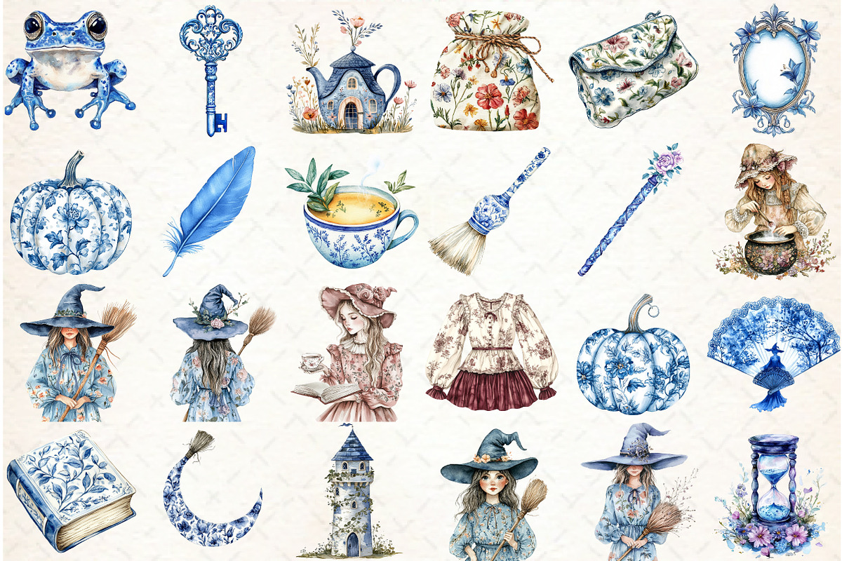 Watercolor Toile Witch Clipart Bundl, an Illustration by Libby Wishes (Photo 2 of 7)