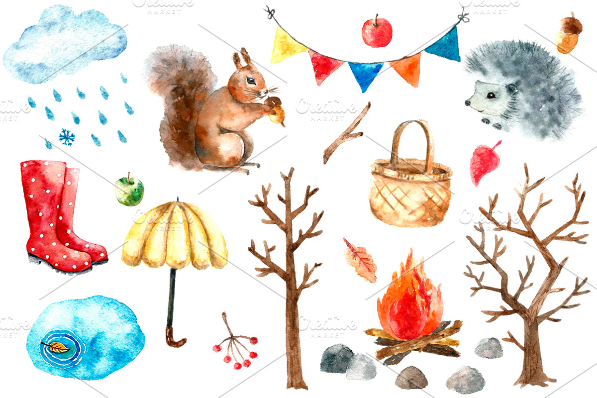 Watercolor autumn clipart., an Animal Illustration by Vikeriya (Photo 2 of 5)