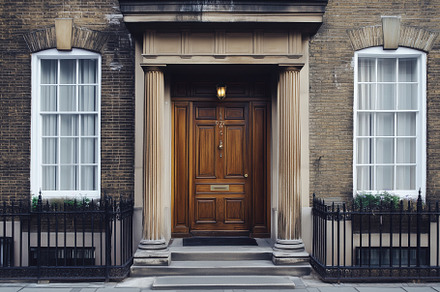 A classic wooden Georgian house style door with intricate details, flanked by t, an Architecture Photo by Textures & Backgrounds