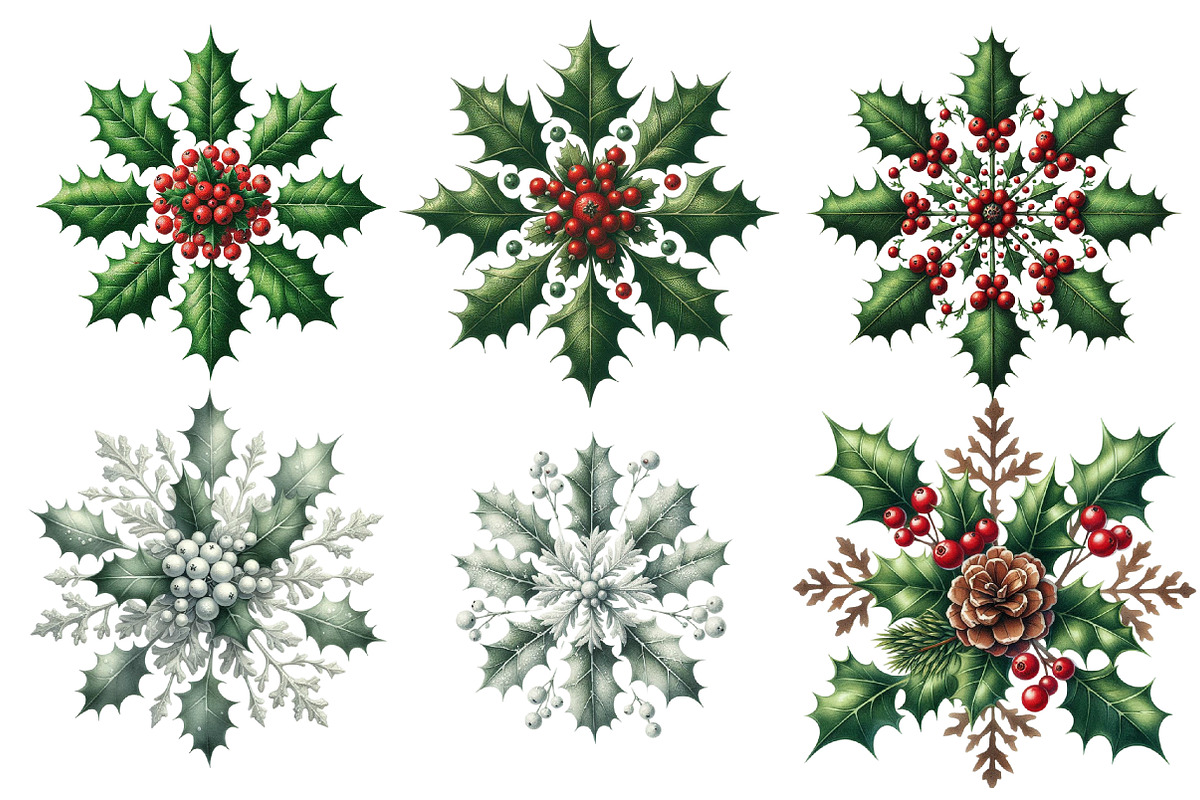 Vintage Holly Snowflakes Clipart, an Illustration by Designworld (Photo 2 of 4)