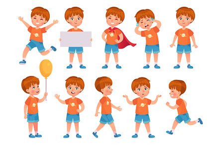Cartoon boy character in various