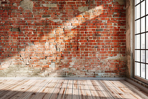 Wooden floor with red wall in room with sunlight through the window, a Background Photo by AlyaAnd