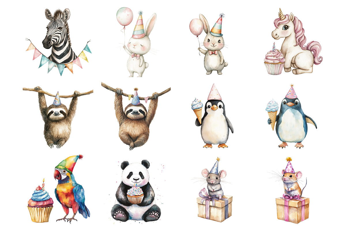 Whimsical Birthday Animals Clipart, an Illustration by Design Market (Photo 3 of 4)