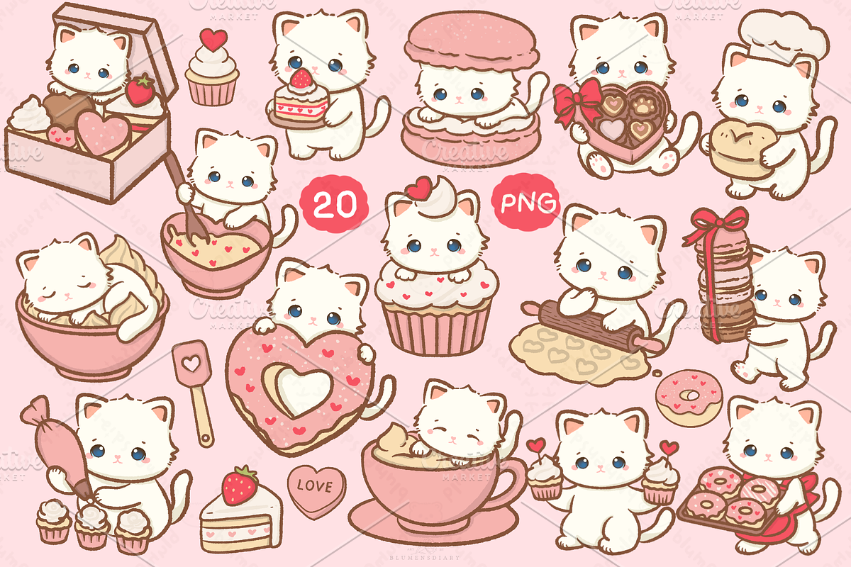 Kawaii Cat Valentine Dessert Clipart, an Animal Illustration by Blumensdiary (Photo 2 of 6)