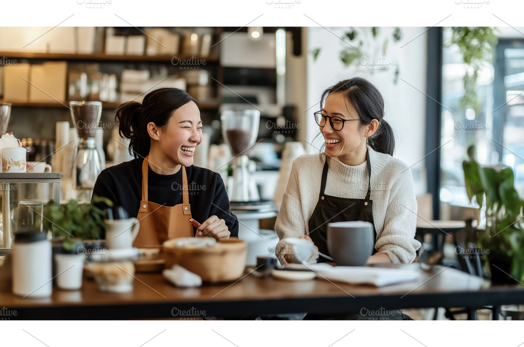 Two Asian female baristas enjoy a, a Person Photo by Sergey Kotenev
