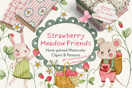 Strawberry Meadow Watercolor Set, an Animal Illustration by Yevsikova_illustrations