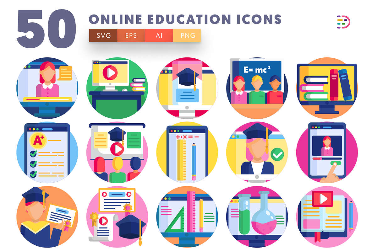 50 Online Education Icons, an Outline Icon by Dighital (Photo 1 of 10)
