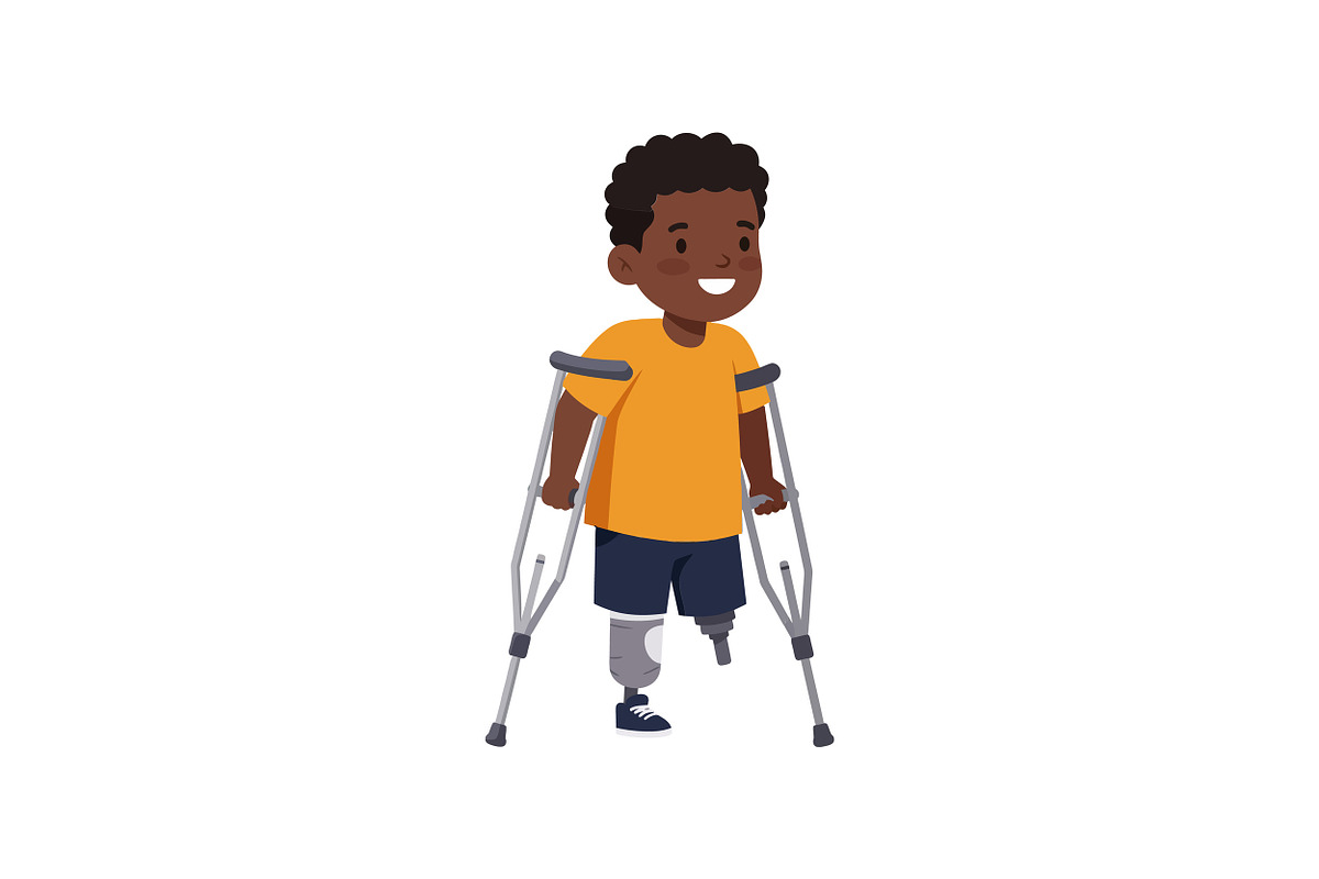 Happy boy using crutches with one pr, an Illustration by designvectx