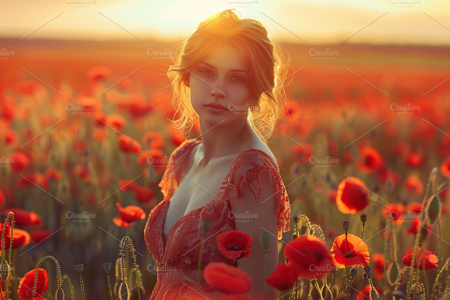 Portrait of young beautiful woman in red poppy flowers field, a Photo by AlyaAnd