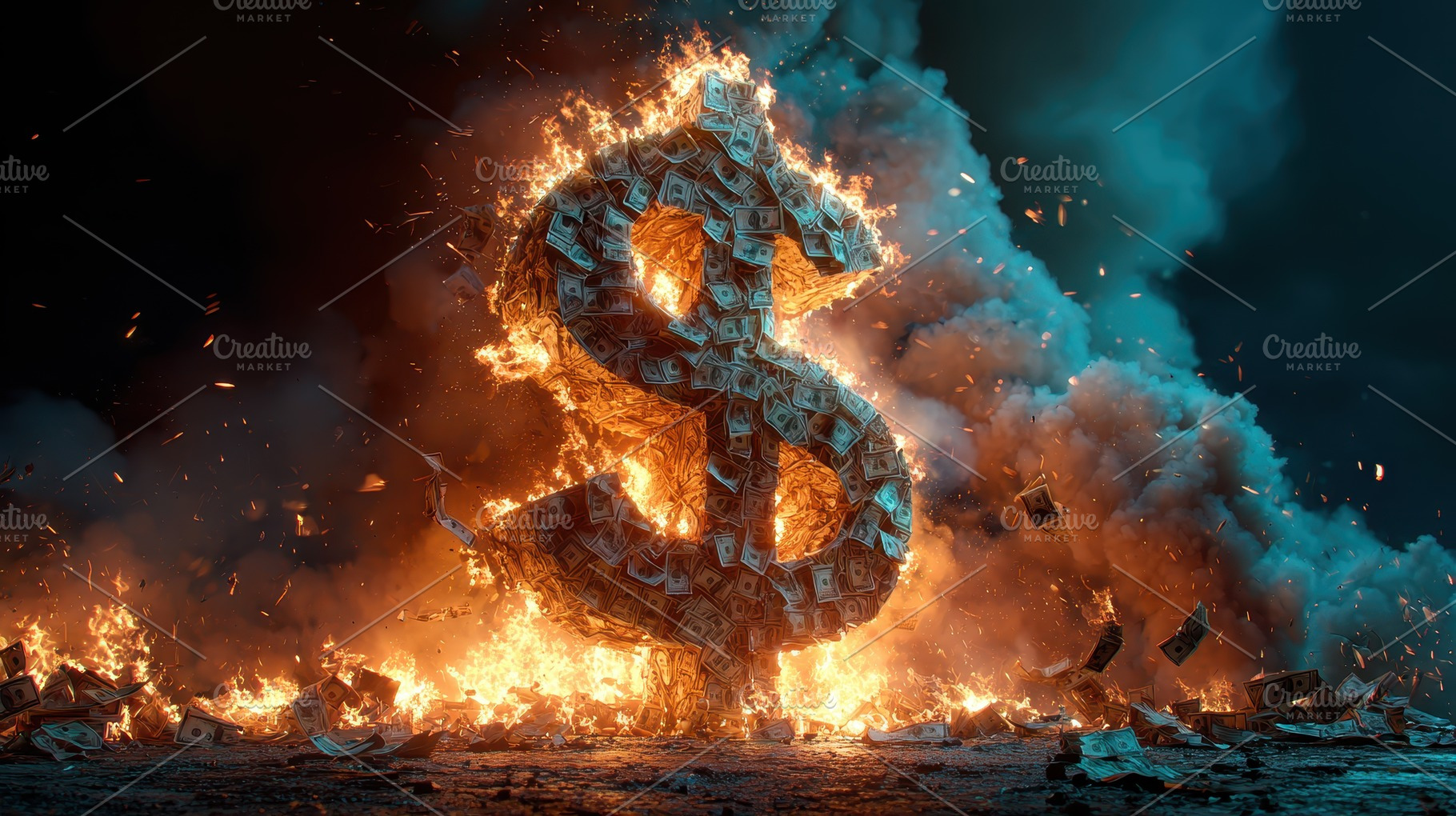 Burning Dollar Sign Money Fire Infer, a Photo by Pixeness Studio