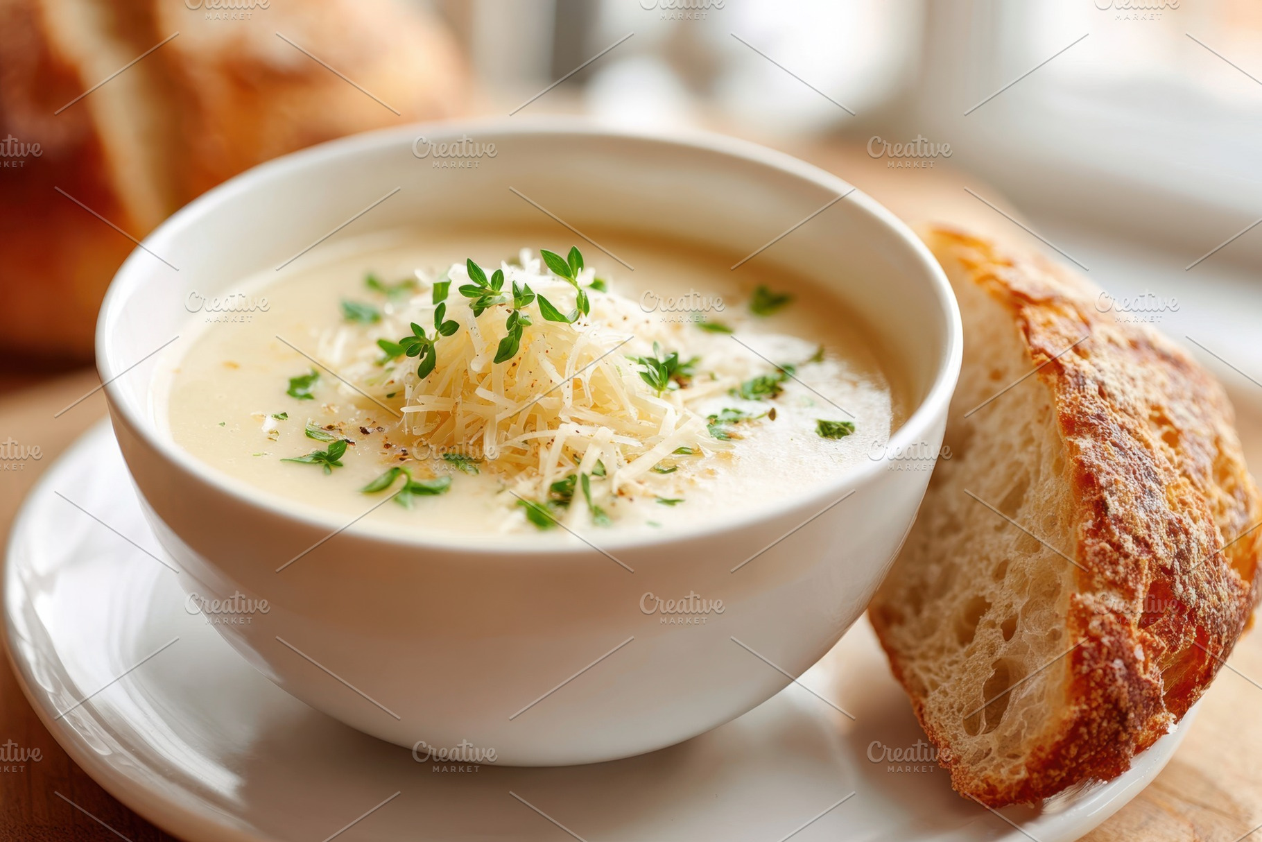 Creamy soup with cheese and herbs served with bread, a Food & Drink Photo by AlyaAnd