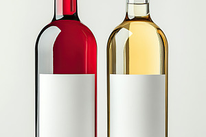 Red and white wine bottles displayed together on a light background, a Food & Drink Photo by AlyaAnd