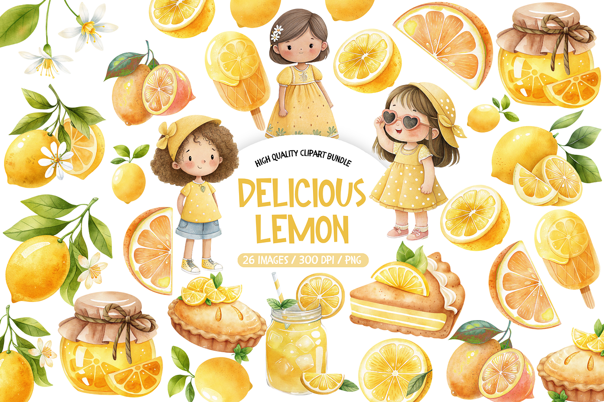 Watercolor Cute Lemon Clipart, an Illustration by TatiMockup (Photo 1 of 4)
