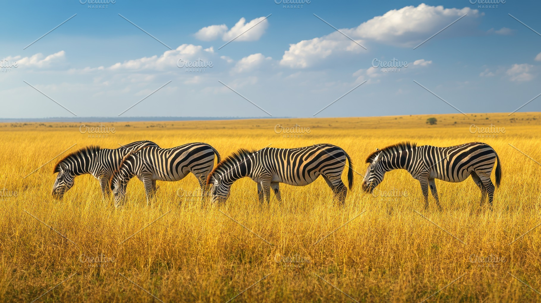 Zebras grazing in a field of golden, an Animal Photo by Pixeness Studio