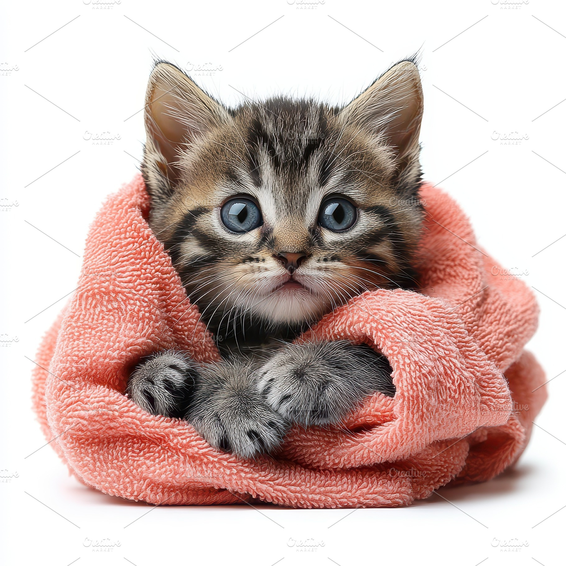 Cute kitten snuggled in a pink towel, an Animal Photo by Pixeness Studio