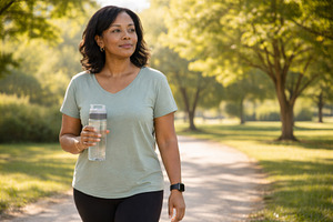 Woman walking in park holding water bottle during sunny day, rep, a Photo by Dvoevnore photos
