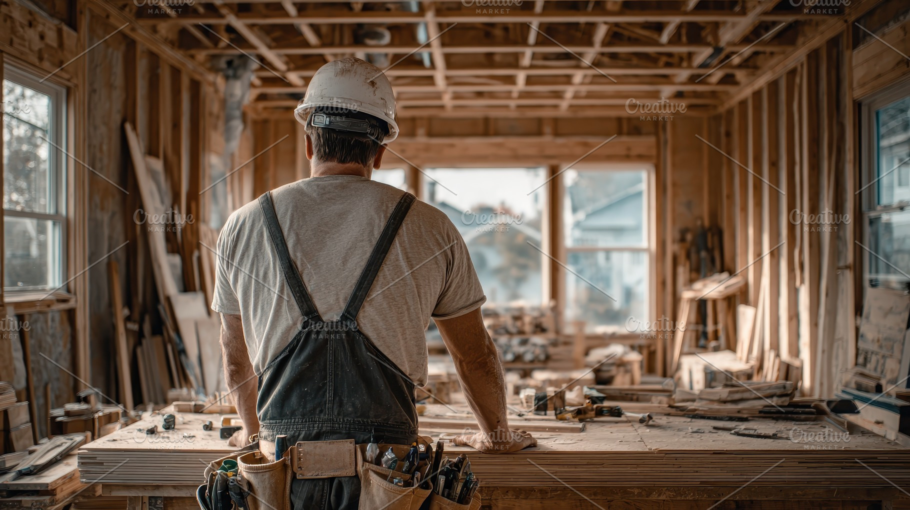 Carpenter in a new house constructio, a Photo by Pixeness Studio