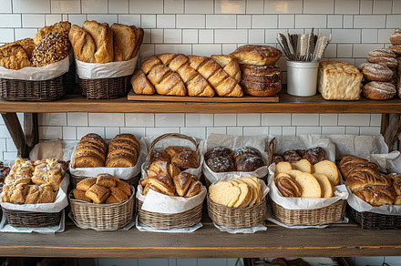 Variety of baked breads on display a, a Background Photo by Pixeness