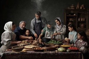 A family gathered around a table preparing traditional food, showcasing a rich, a Person Photo by Textures & Backgrounds