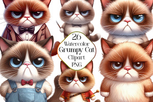 Watercolor Funny Grumpy Cat Clipart, an Illustration by CraftArtStudio