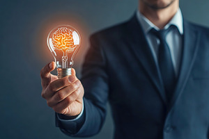 Digital brain inside a lightbulb in businessman hand, artificial intelligence t, a Photo by AlyaAnd