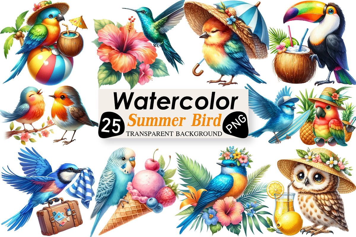 Watercolor Summer Bird Clipart, an Illustration by Black Bird Studio (Photo 1 of 6)