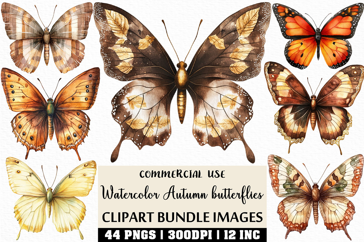Watercolor Autumn butterflies PNG, an Illustration by Craft Nest (Photo 1 of 6)