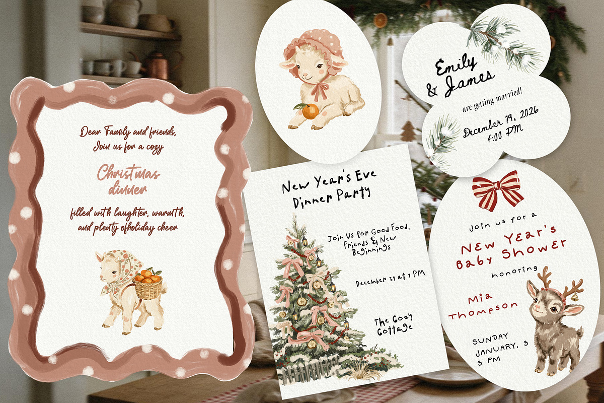 Christmas Goats Cottagecore Clipart, a Seasonal Illustration by divanovskaya_nv (Photo 3 of 15)