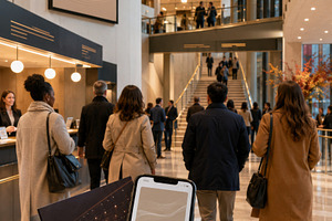Modern theatre lobby bustling with p, a Photo by Dvoevnore photos