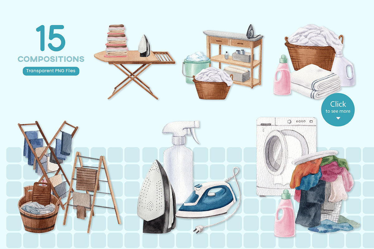 Laundry Day Watercolor Illustration, an Object Illustration by CreativeValuation (Photo 2 of 13)