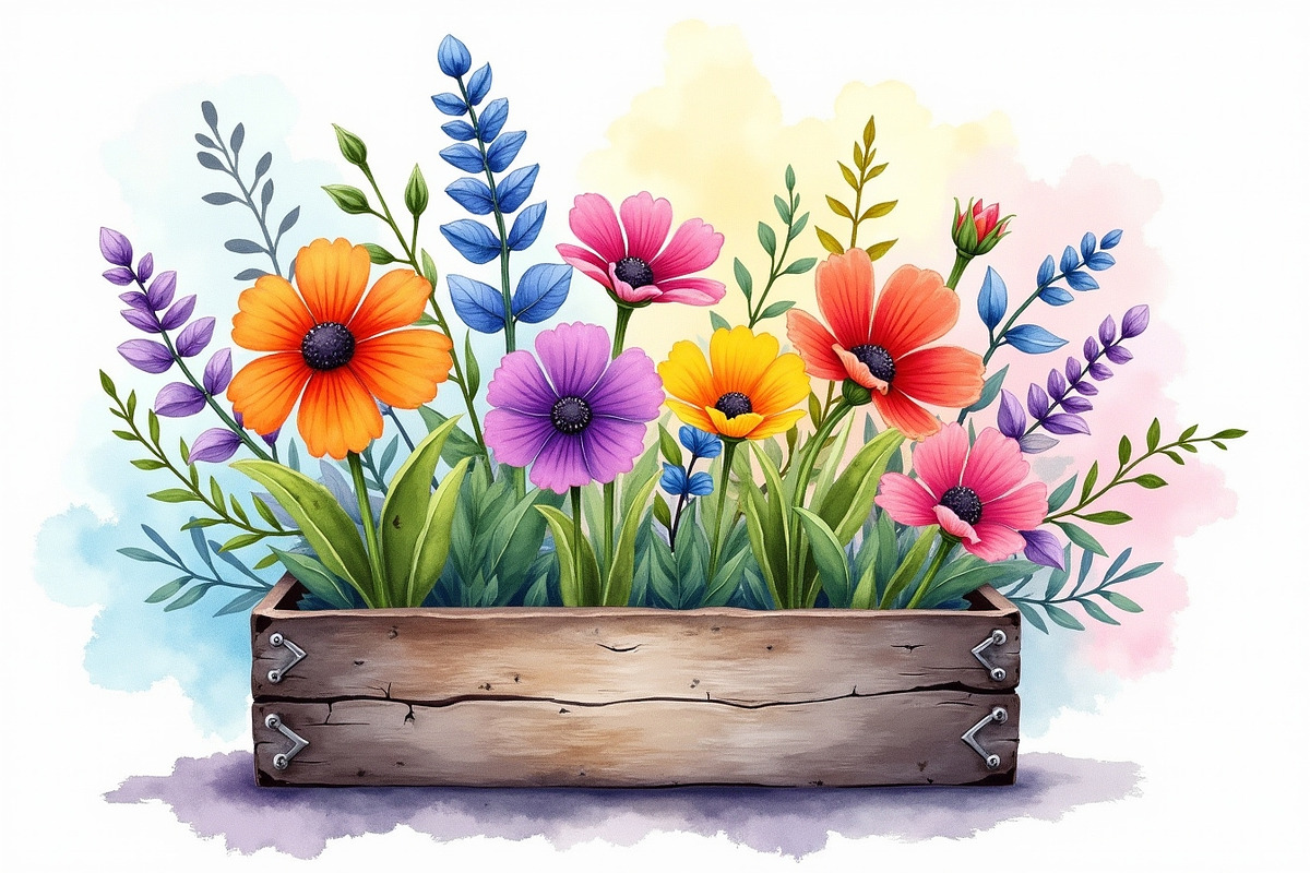 Wildflowers In Wooden Box Clipart Ki, an Illustration by hafijul (Photo 2 of 14)