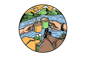 people enjoying coffee on the hill, a Food Illustration by gunaonedesign