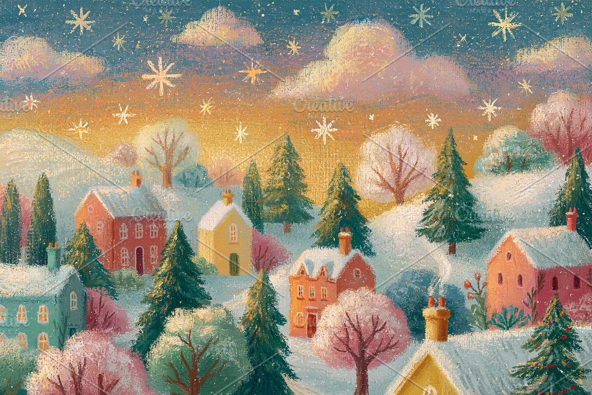 Festive winter village scene, charming houses covered in snow, d, a Decorative Illustration by Anneleven