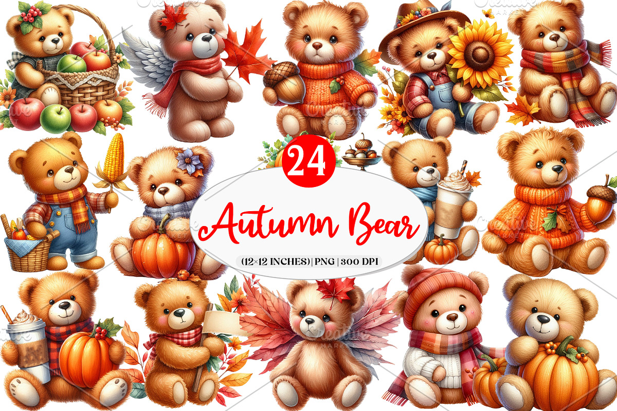 Watercolor Autumn Teddy Bear Clipart, an Illustration by Watercolor design (Photo 1 of 4)