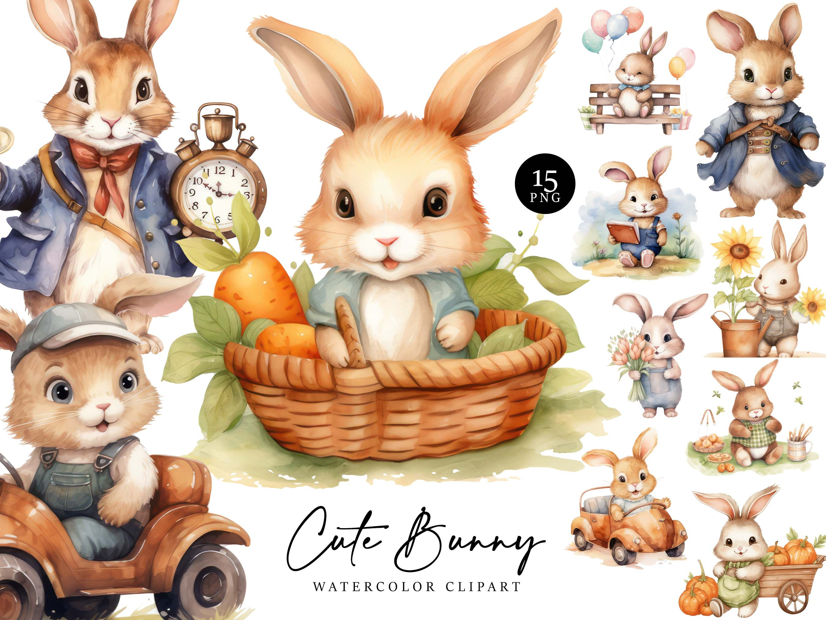 Watercolor Cute Bunny Clipart Bundle, an Animal Illustration by Design ...