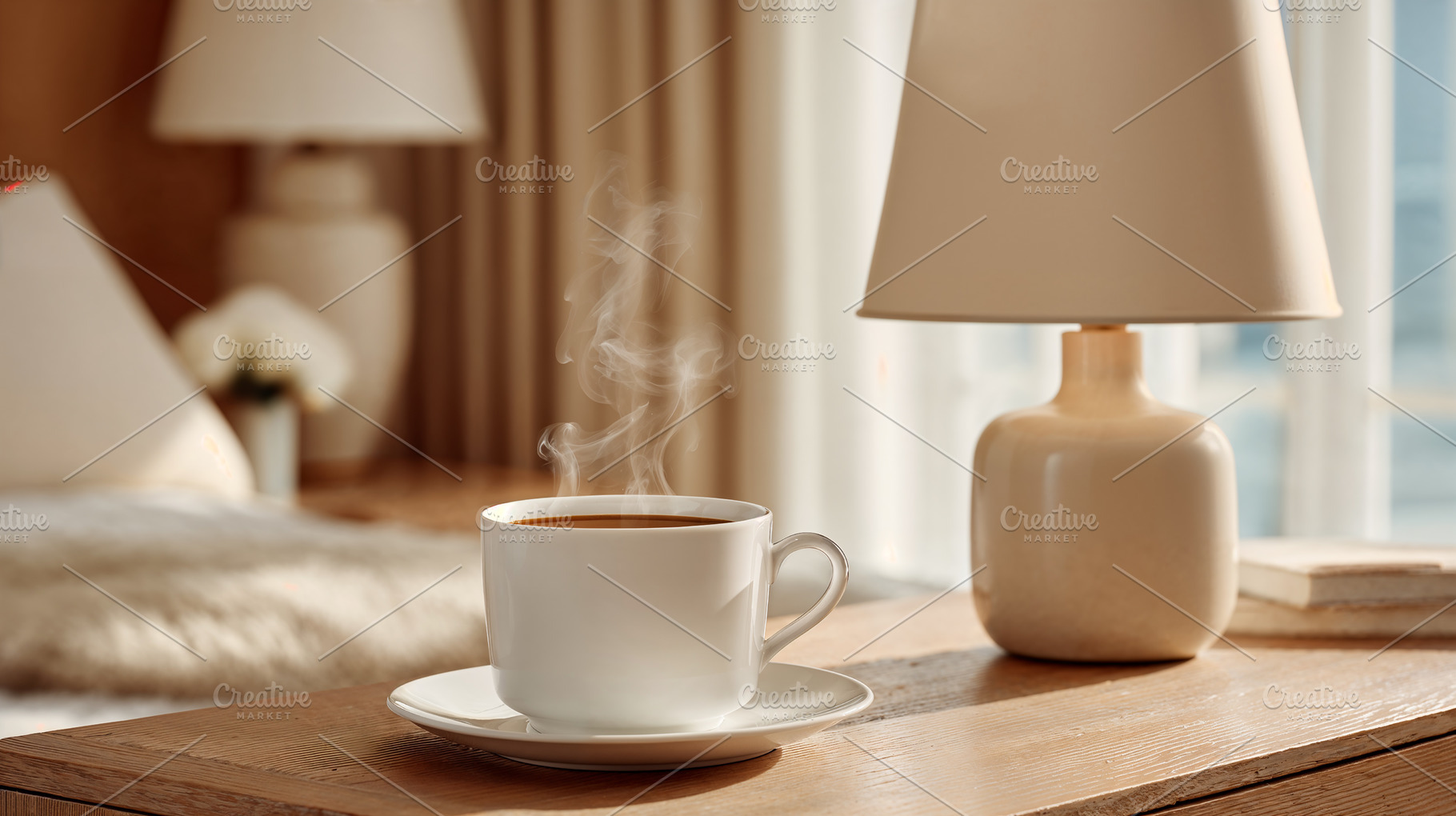 Enjoying morning coffee in a cozy hotel room with warm lighting, a Holiday Photo by OSORIOartist