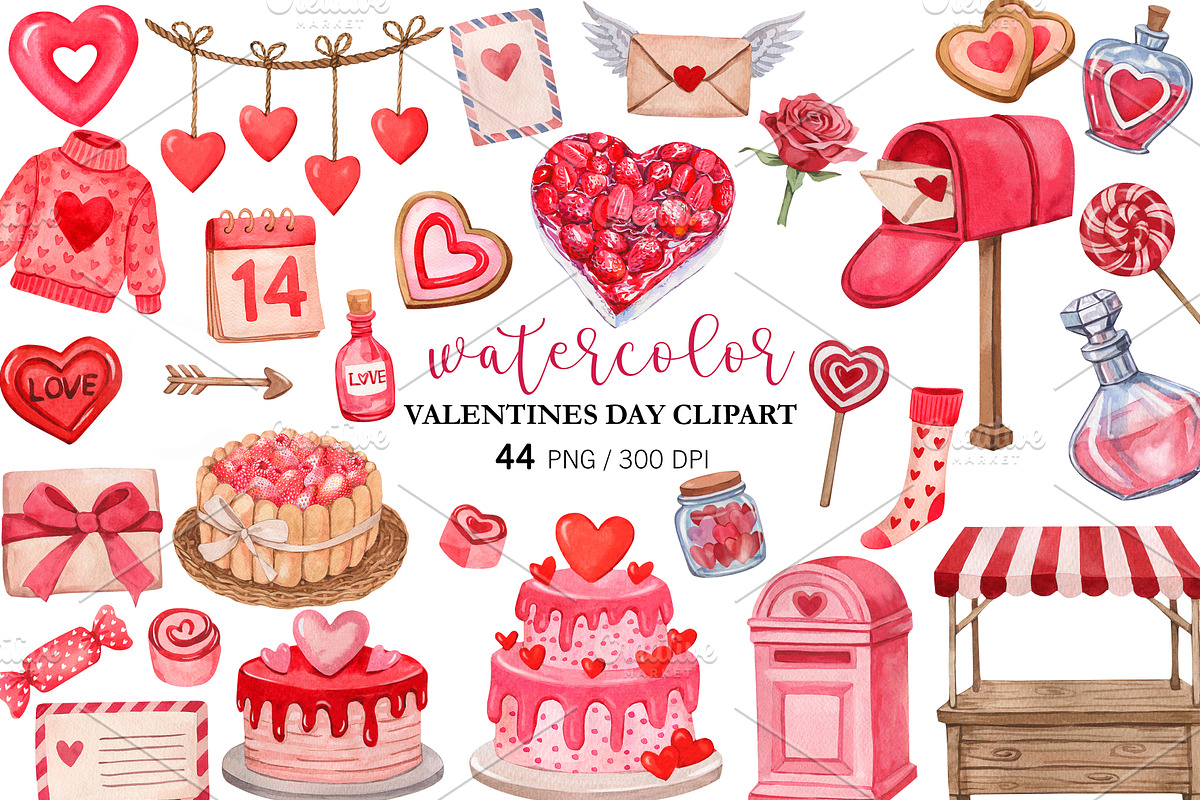 Watercolor Valentine Day Clipart PNG, a Seasonal Illustration by PatternPalette (Photo 1 of 7)