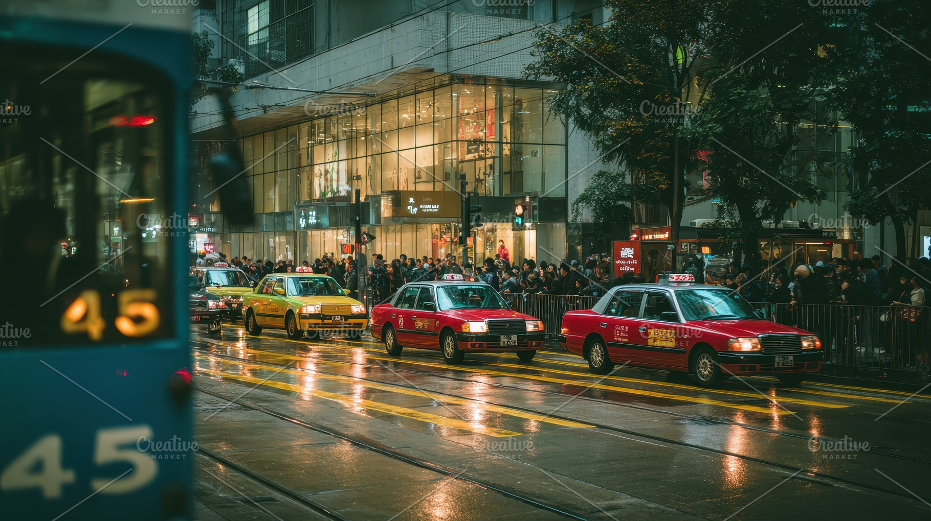 Hong Kong Night Rain Taxis Tram City, a Photo by Pixeness Studio