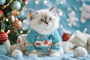 Cute kitten in a cozy sweater surrou, a Photo by Tanuart