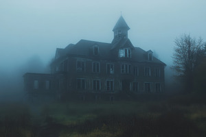 Dilapidated asylum shrouded in fog c, a Photo by Iftikhar Alam