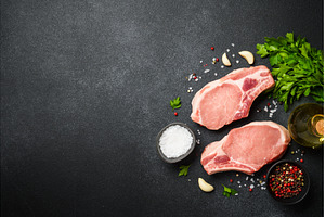 Pork meat. Fresh meat steaks with, a Food & Drink Photo by Nadia-nb