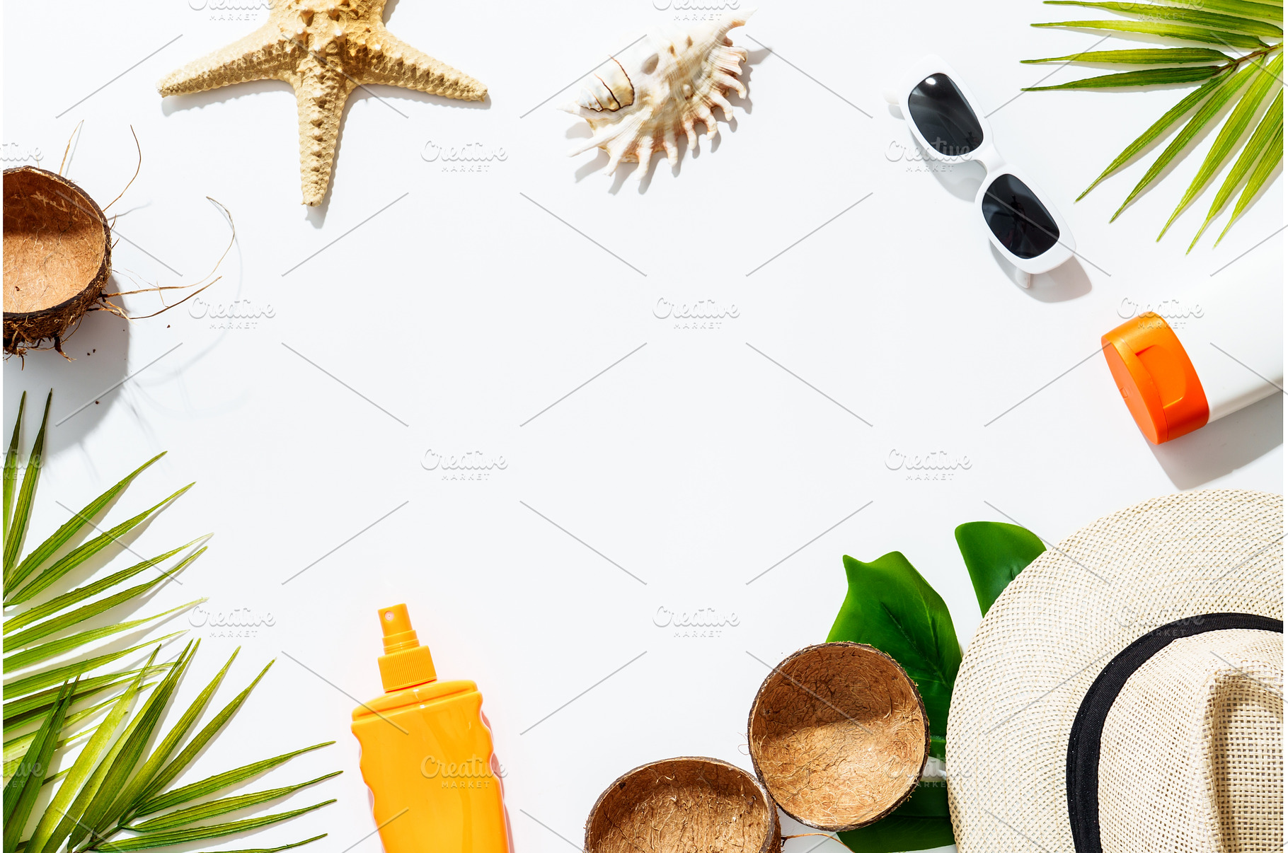 Summer flat lay background with palm, a Holiday Photo by Nadia-nb