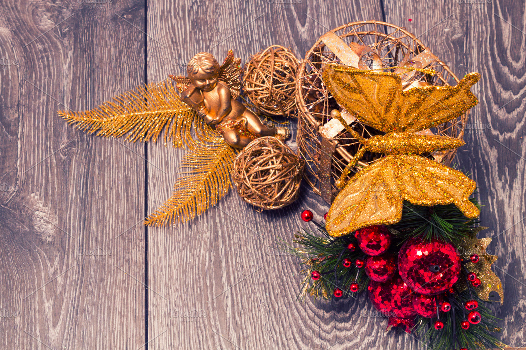 Christmas background with festive decoration and toys wood background, a Holiday Photo by Life For Photo