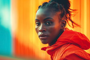 A young Black woman gazes confidently at the camera, surrounded, a Sports & Recreation Photo by ImageMir