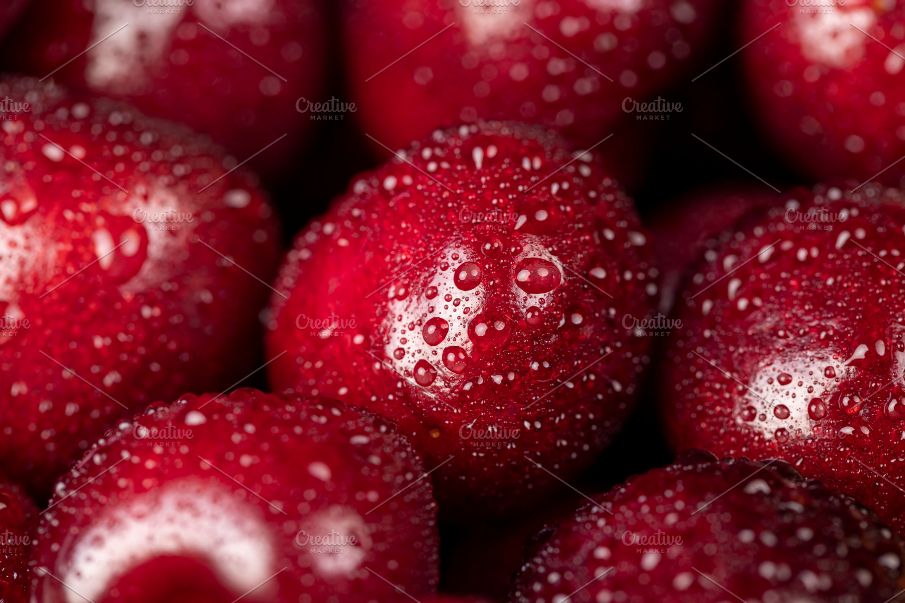cherry in drops of water, wet cherry fruits on the kitchen table, a Photo by rsoollAI