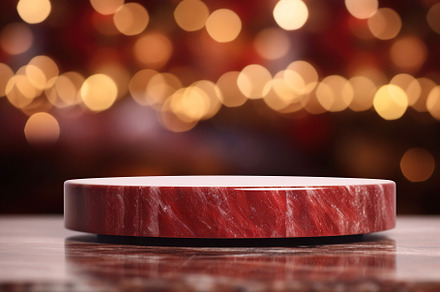 Red Marble Circular Wooden Table. Festive Magic Background, a Holiday Photo by Iconogenic